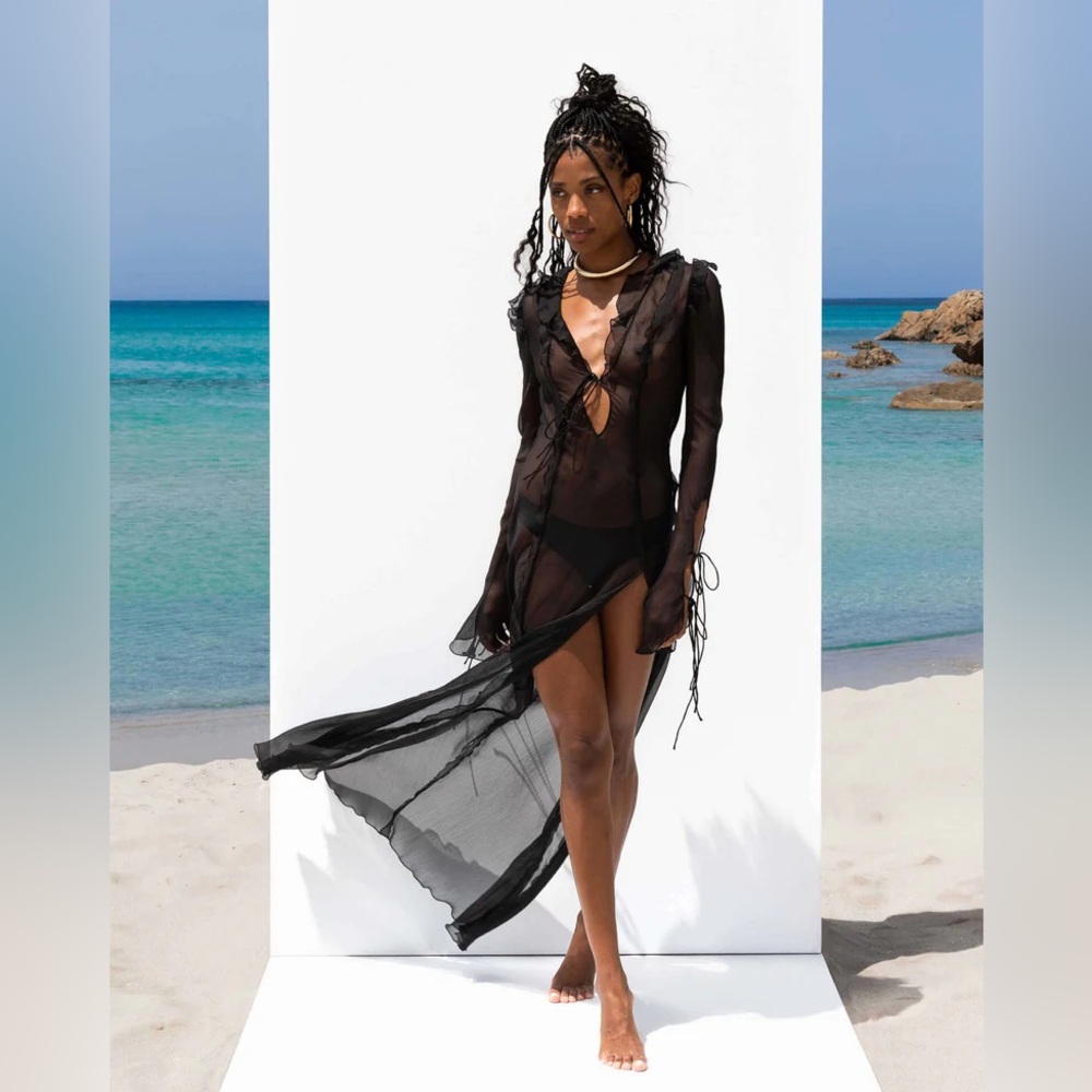 Sheer Black Long Sleeve Beach Cover-Up Dress FARRETTI DRESS BLACK